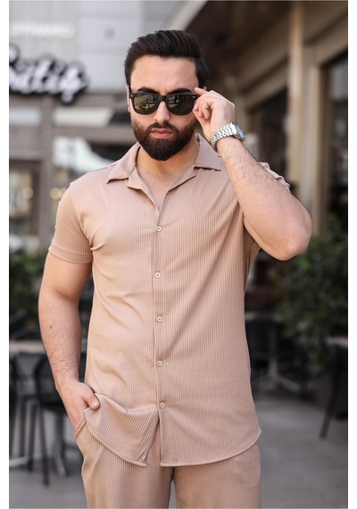 Mfz Giyim Bej Renk Ottoman Kumaş Slim Fit Erkek Şort - Gömlek Alt Üst Takım