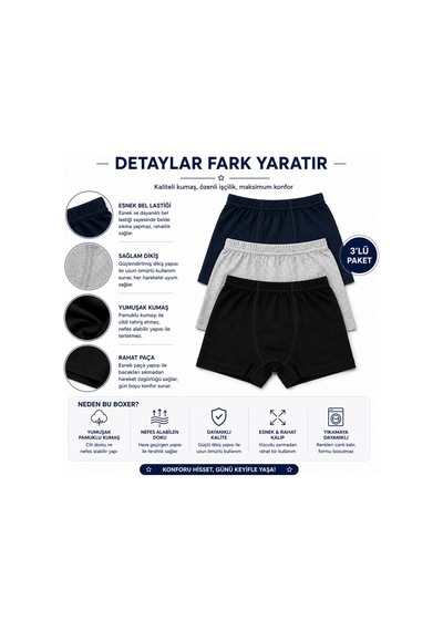 Westicgiyim Erkek Çocuk Boxer 3 Lü Paket Pamuklu Esnek Bel Rahat Kalıp Lacivert Gri Siyah Çocuk İç Giyim Çok Renkli
