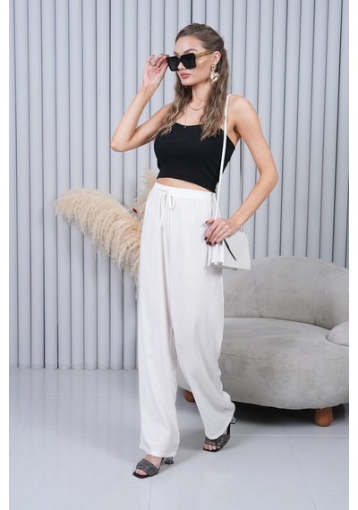 Polologin Butik Beli Bağcıklı Yüksek Bel Bol Paça Beyaz Pantolon Beyaz
