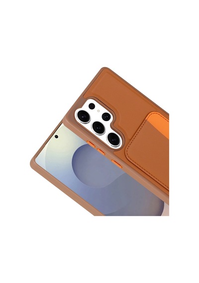 Samsung Uyumlu Galaxy S25 Ultra Kartlıklı Süni Deri X kart Cüzdan Silikon Kapak Kahverengi