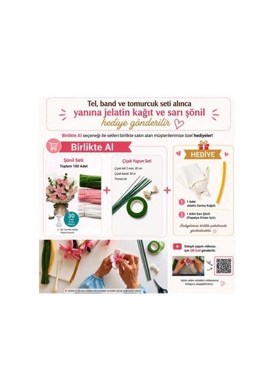 3'lü Set Pastel Pembe 50 , Beyaz 25 , Ordu Yeşili 25 Şönil ,çiçek Yapımına Uygun Tüylü Tel