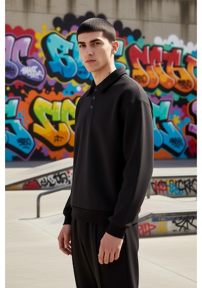 Benerly Erkek Polo Yaka Standart Kol Oversize Kalıp Sweatshirt Fonksiyone siyah