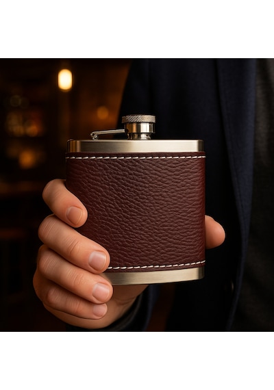 Perlotus 5 Oz-150 Cc Hunili Kahve Brown Deri Kılıf Çelik Viski İçki Konyak Matarası Kahverengi
