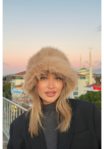 Mollycrush Luxury Kadın Camel Uzun Tüylü Suni Kürklü Peluş Rus Slav Tarzı Bucket Kalpak Şapka Camel