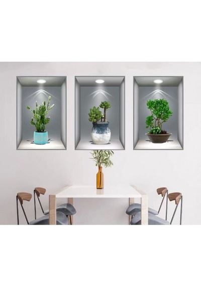 3d Çiçek Vazo 3 Lü Set Gri Fon Duvar Sticker Renkli