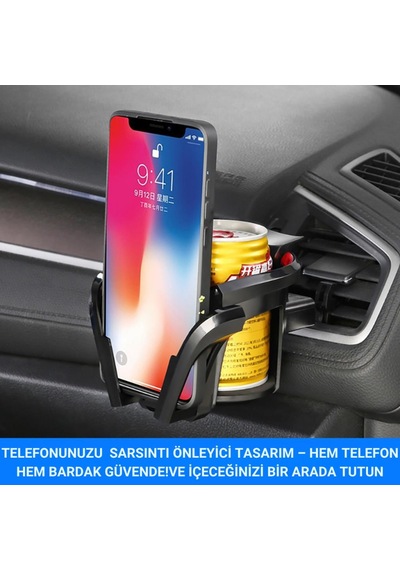 Coofbe Premıum 2in1 Araç İçi Bardak Tutucu Telefon Tutucu Araç Havalandırma Bardak Tutucu Sarsılmaz Siyah