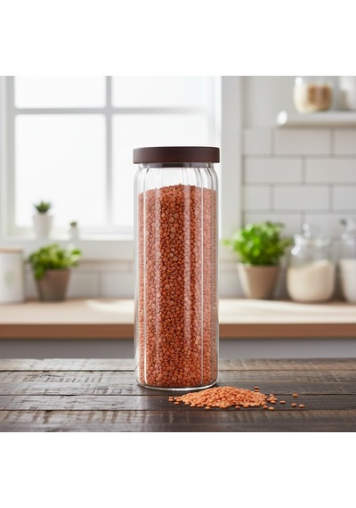 Akasya Kapaklı Uzun Çizgili Cam Kavanoz 1250 Ml Hava Geçirmez, Modern Fitilli Tasarım Gıda Saklama Kabı Makarna, Bakliyat, Kahve Ve Çay Kavanozu 9x25 Cm Çok Renkli