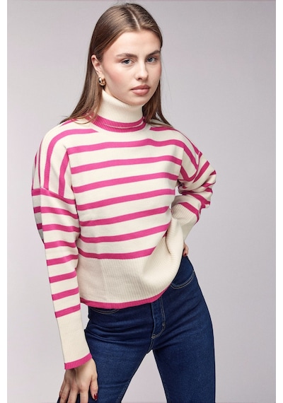 Sââde Çizgili Balıkçı Yaka Oversize Triko Kazak Pembe