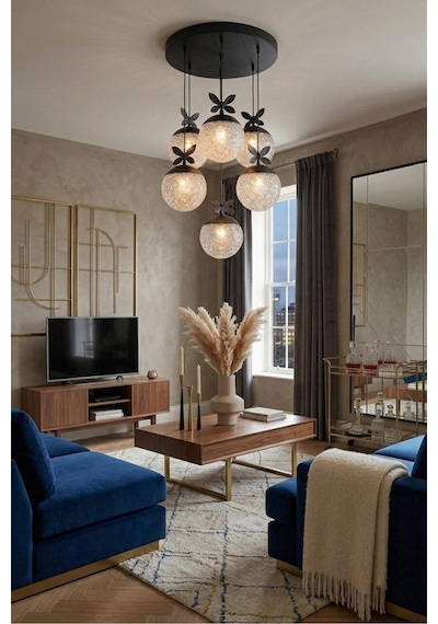 LumiaLighting Küre Model 6"lı Kumandalı Siyah 3 Renk Modu Ledli Kristal Taşlı Modern Salon Mutfak Oturma Odası Led Avize