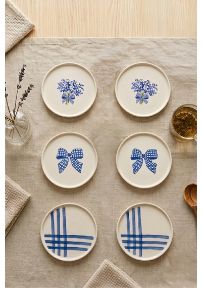 Blue Gift 6 Lı Seramik Pasta Tabağı 20 Cm Mavi Desenli 6 Kişilik Tatlı Sunum Servis Tabak Seti Beyaz