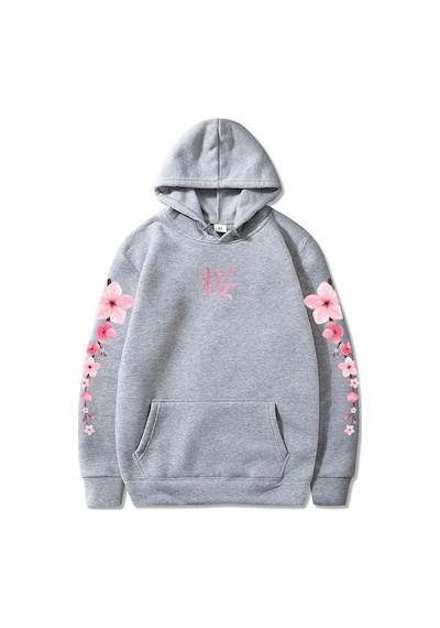 Startmore Beyaz Japon Çiçeği Sakura Grafik Hoodiesahat Rahat Karikatürk Gri