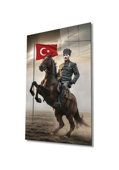 Atatürk Portre Ve Türk Bayrağı Cam Tablo Modern Ev Ofis Salon Hediyelik Büyük Tablo Duvar Dekoru