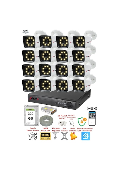 Fury 16 Kameralı 5mp Lens 1080p 2mp Color Görüntü 8 Warm Led Gece Görüş Fullhd Güvenlik Kamera 5525w 320