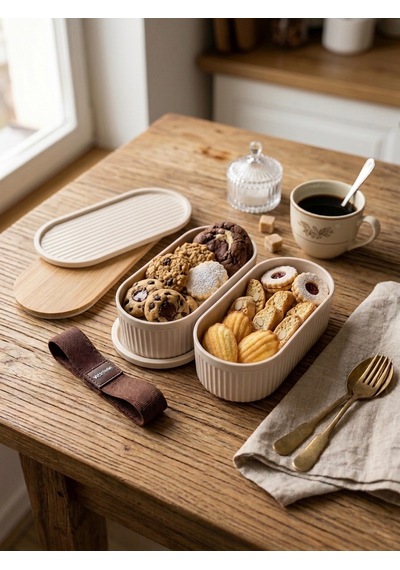 Premium Bambu Kapaklı Çift Katlı Lunch Box - Modern Tasarım Kilitli Beslenme Kutusu Ve Saklama Kabı Krem