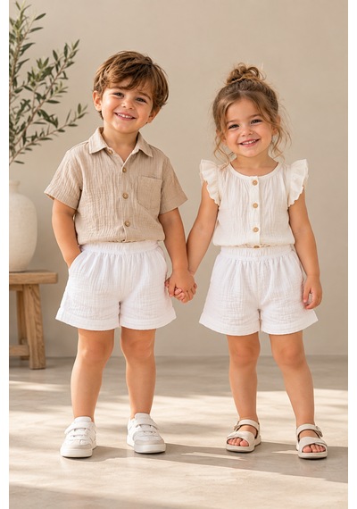 Elovias %100 Pamuk Müslin Çocuk Şort Unisex Kız Erkek Çocuk Yazlık Oversize Rahat Kalıp 1-2-3-4 Yaş Beyaz