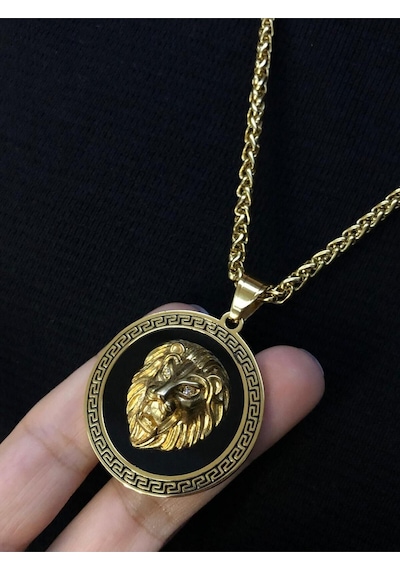 Aslan Kafası Grek Desenli Sarı Renk Işıklı Kutuda Sevgiliye Eşe Babaya Arkadaşa Çelik Kolye