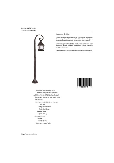 Avonnı Bsu-68184-bsy-m1-b Siyah Elektrostatik Toz Boyalı Dış Mekan Aydınlatma, E27, Aluminyum, Abs, Polikarbon Cam, 30x20cm Sku: Smgstk70dc0432b0