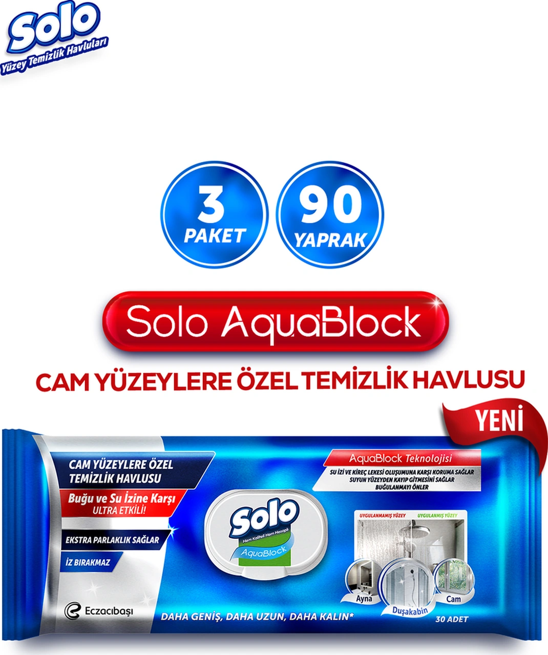Aquablock Cam Yüzeylere Özel Temizlik Havlusu 3'lü 90 Yaprak Tekli