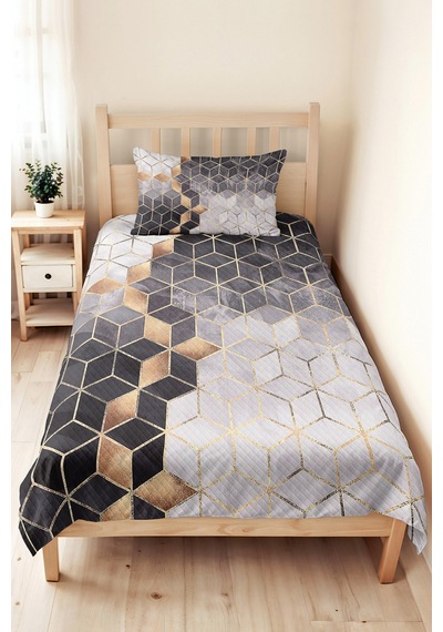 Gri Geometrik Modern Tek Kişilik Pike Takımı - Altın Çizgili Antrasit Beyaz 160x220 Cm Yatak Örtüsü Kırçıllı Yamaç Tonu
