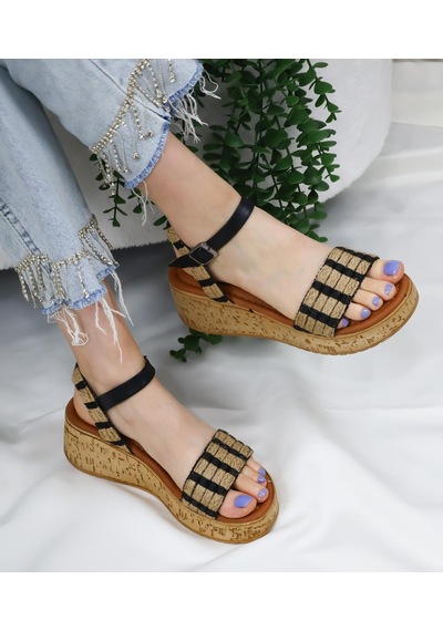 Asmi Shoes Hasır Detaylı Mantar Taban Ortopedik Taban Sandelet Siyah Siyah