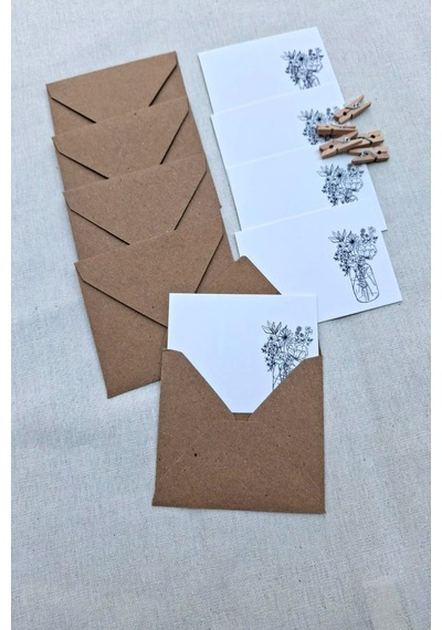 15 Adet Kraft Zarf Ve Mandallı Vazo Çiçek Kart - Hediye Paketleme Kartı - Not Kartı 1.hamur