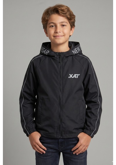 Erkek Çocuk Kapüşonlu Kolları Şeritli Baskılı Bondik Kumaş Mevsimlik Mont Mm5011 siyah