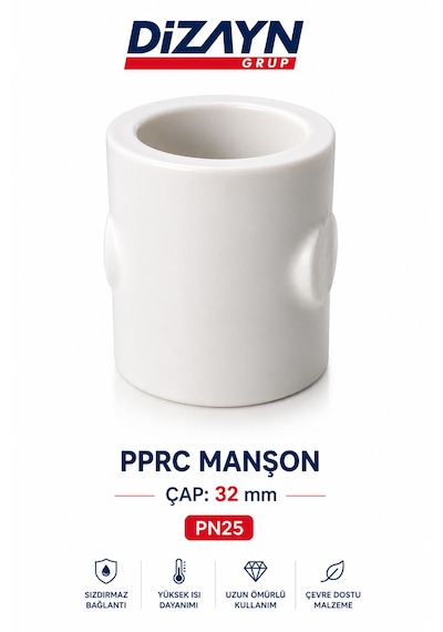 Dizayn Pprc Manşon 32 Mm 50 Adet Pn25 Temiz Su Tesisat Ek Parçası