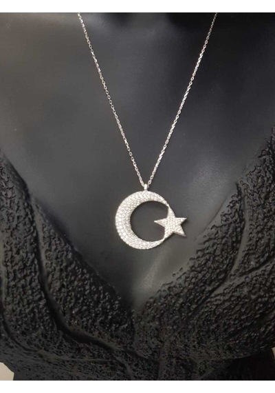 Ay Yıldız Türk Bayrağı Zirconia Taşlı 925 Gümüş Sevgiliye Eşe Anneye Hediye Kolye