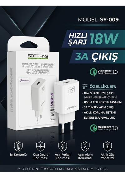 Soffany Sy-009 18w Qualcomm 3.0 Hızlı Şarj Adaptörü 3a Çıkış - Lisinya Beyaz