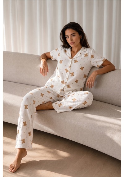 Kadın Loose Uzun Paça Pamuk Kırık Beyaz Pijama Takımı