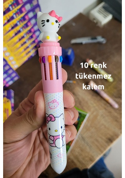 Hediyelik Pembe Hello Kity Kalem, 10 Renk Tükenmez Kalem, Tatlı Tatlış İlkokul Ortaokul Çocuk Hediye Pembe