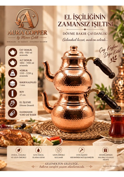 Aura Copper El İşlemeli Bakır Çaydanlık Seti 1 Mm Üst 850-950 Ml Alt 1850-1950 Ml 27 Cm Parlak Bakır