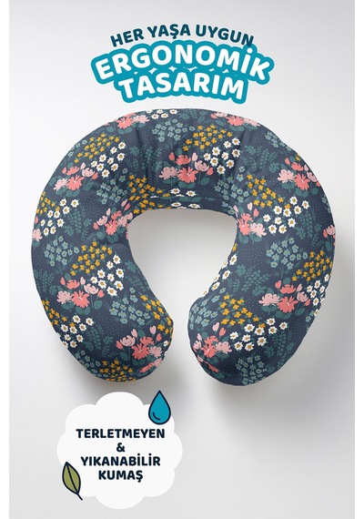 Çiçek Desenli Pamuklu Boyun Yastığı - Renkli Bahar Motifli Lacivert Seyahat Yastığı Soft Gün Batımı Sütlü Bej