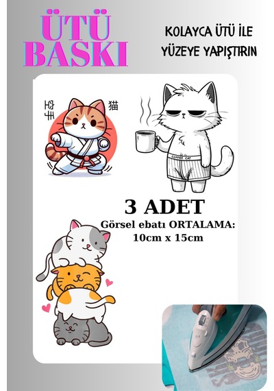 Ütü İle Yapışan Tekstil Transfer Dtf Baskı 3 Adet Kedi - 674522767