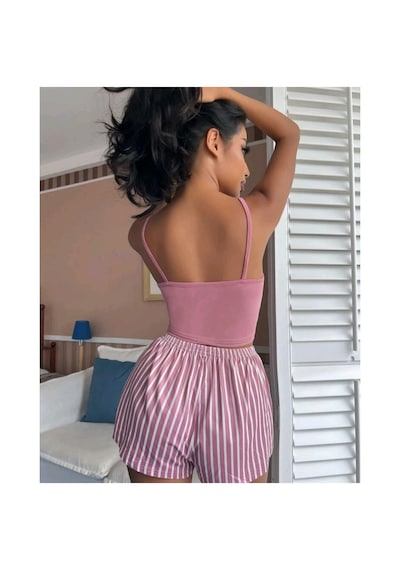 Mr Owl Kadın Pembe Çizgili Askılı Şortlu Pijama Takımı