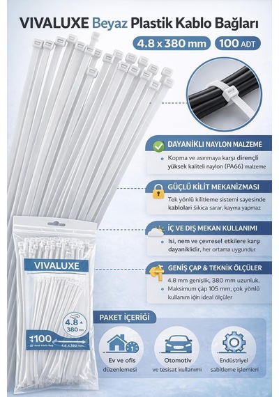 Vıvaluxe Beyaz Plastik Kablo Bağı 4.8 X 380 Mm 100 Adet , Dayanıklı Naylon Malzeme, Güçlü Tutuş, İç Ve Dış Mekan Kullanımına Uygun, Kablo Düzenleme Ve Sabitleme İçin Ideal Zip Tie Seti
