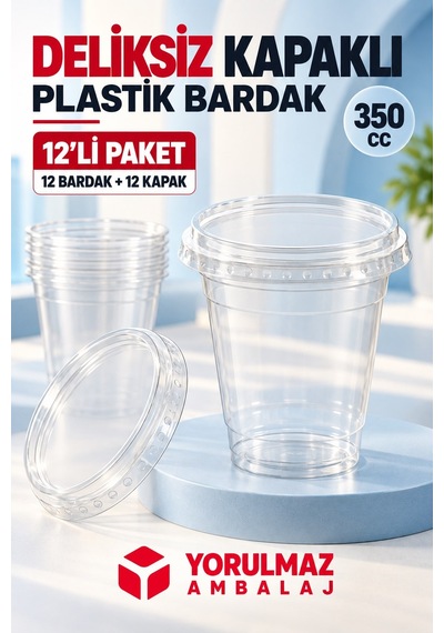 350 Cc Deliksiz Kapaklı Sızdırmaz Pet Bardak 12'li 40