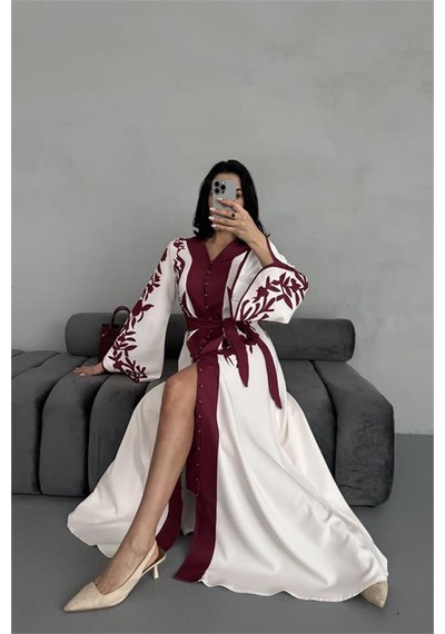 Neşeli Butik Kadın Atlas Kumaş Düğme Detaylı Elbise Nbms2507 Bordo