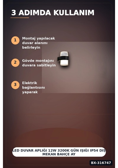 Led Duvar Apliği 12w 3200k Gün Işığı Ip54 Dış Mekan Bahçe Aydınlatması Bx-316747 Rekli