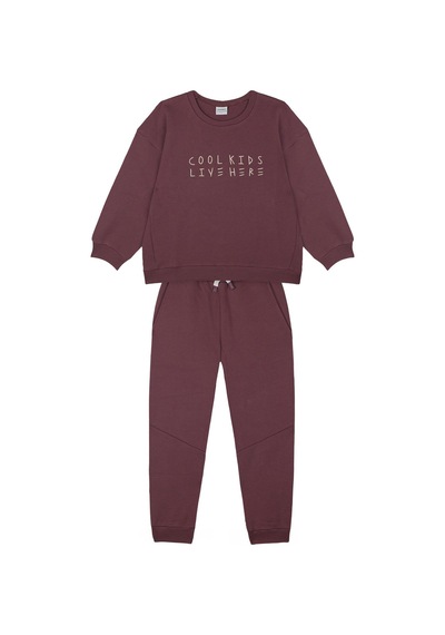 Antebies Pamuk Kumaştan Üretilmiş, Cool Kids Nakışlı, Uzun Kollu Erkek Çocuk Sweatshirtü, Bel Lastikli Bağcıklı Eşofman Takımı Bordo