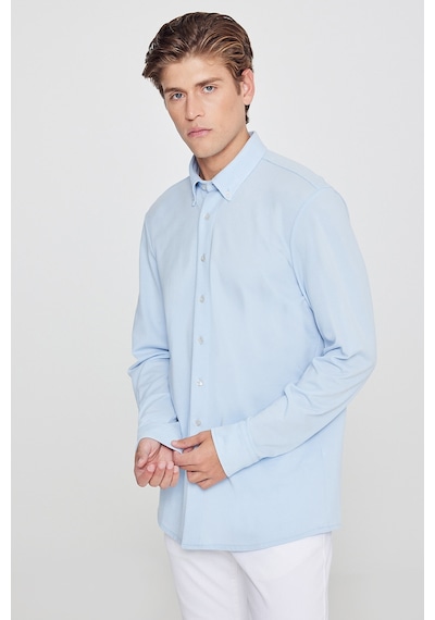 AC&Co / Altınyıldız Classics Erkek Acık Mavı Pamuklu Tailored Slim Fit Dar Kesim Düğmeli Yaka Örme Gömlek
