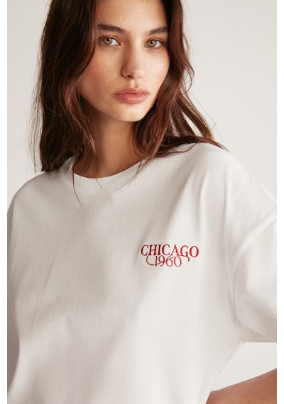 Grımelange Janna Kadın Şehir Temalı Ön Ve Arka Baskı Detaylı Oversize Fit Bisiklet Yaka Beyaz / Kırmızı T-shirt