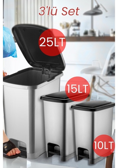 Nandy Home Eco Slim Pedallı Çöp Kovası 3'lü Set / 10-15-25 Lt Antrasit