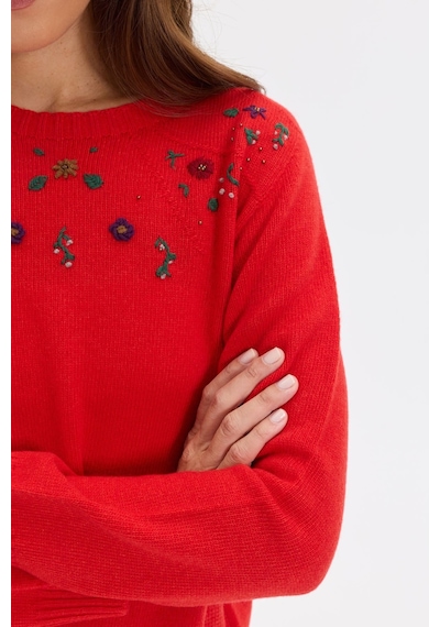 Desen Triko Kadın Sıfır Yaka Yanı Pirinç Örgü Yün Kazak Mercan