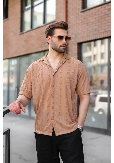 Madmext Bej Dalga Desenli Regular Fit Erkek Gömlek E6771
