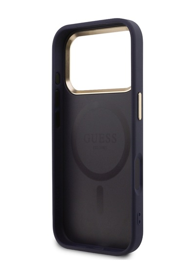 Apple Uyumlu iPhone 17 Pro Max Kılıf Guess Lisanslı M-safe Sıcak Baskılı Yazı Logolu Pu Deri Peony Kapak Lacivert