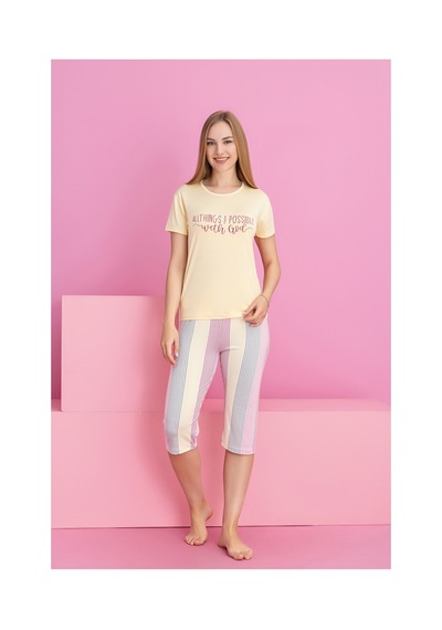 Rindahomewear Kadın Renklı Cızgılı Kapri Kısa Kol Viskon Pijama Takım Sarı1