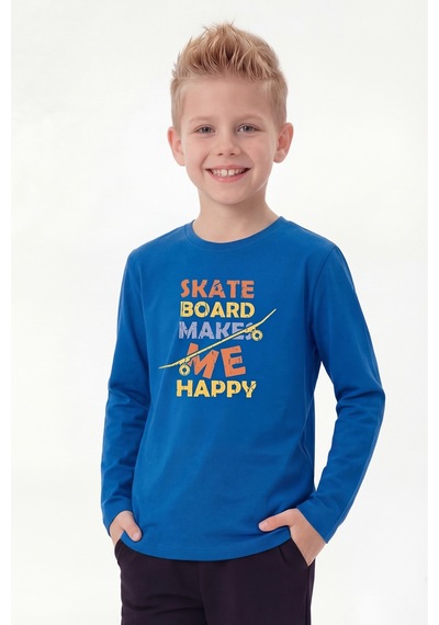 Panios Kids Yuvarlak Yaka Uzun Kollu Baskı Detaylı Erkek Çocuk Sweatshirt Mavi