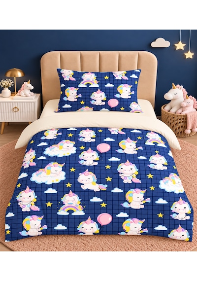 More Home Bebek Nevresim Takımı Unicorn Desen Mavi Bej Koyu Mavi