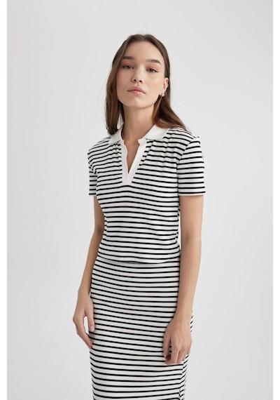 Defacto Fitted Çizgili Polo Yaka Kısa Kollu Tişört A0380AX23SM Beyaz